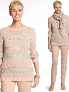 Chico’s L (3) Pink Sweater Marley Sparkle Stripe Sweater